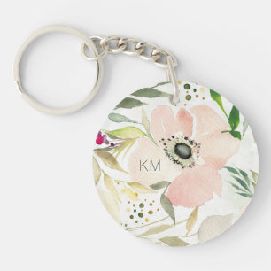 Monogram The Joy of White Watercolor Floral Keychain