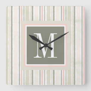Monogram The Joy of White Watercolor Stripes Square Wall Clock