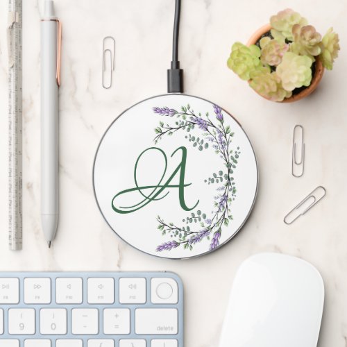 Monogram  the letter A  Lavender Eucalyptus  Wireless Charger