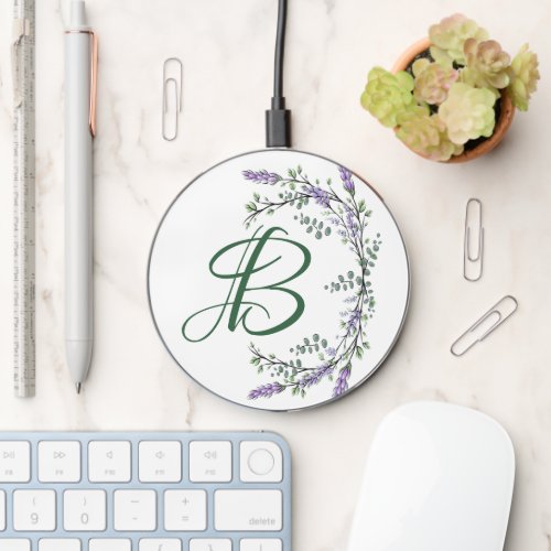 Monogram  the letter B   Lavender Eucalyptus  Wireless Charger