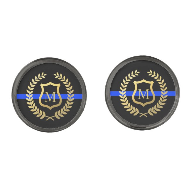 Monogram Thin Blue Line Faux Gold Foil Gunmetal Finish Cufflinks (Front)