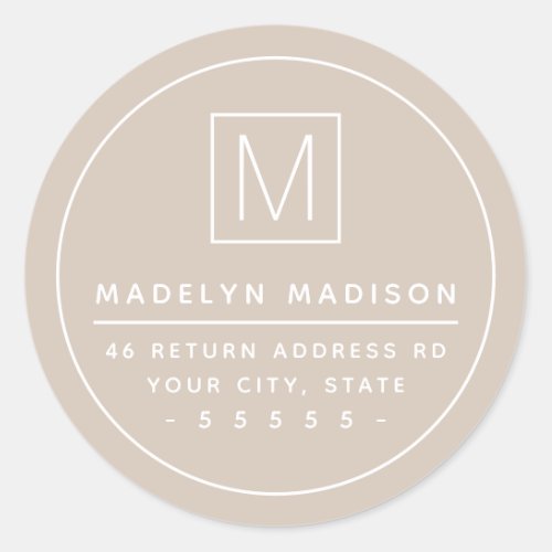 Monogram thin border light mocha return address classic round sticker