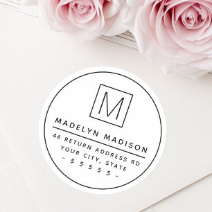 Monogram thin border minimal white return address classic round sticker