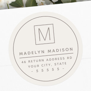 Monogram thin border tan brown return address classic round sticker