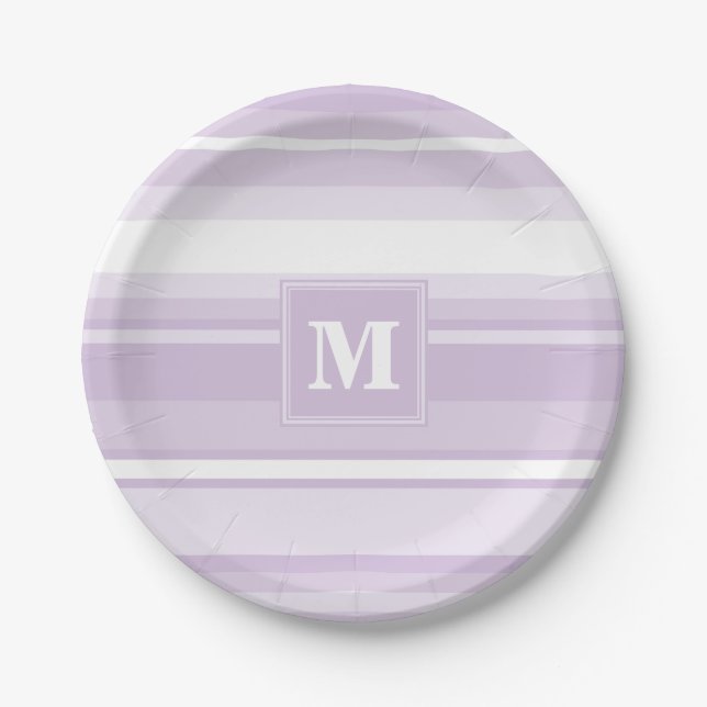 Monogram thistle purple stripes paper plates (Front)