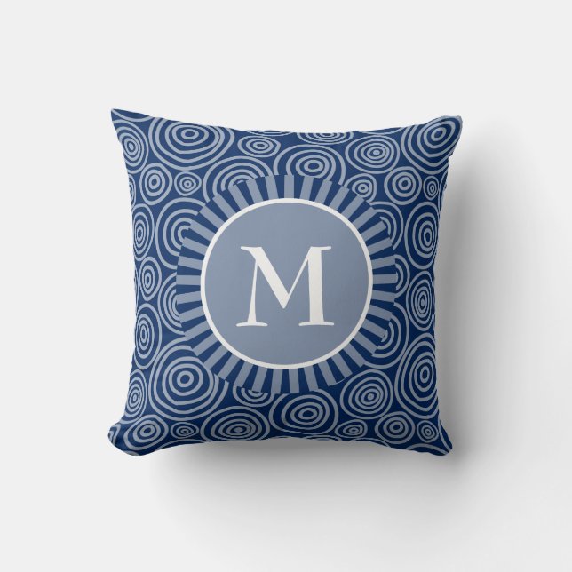 Monogram Throw Pillow - Navy Blue White Spirals (Front)