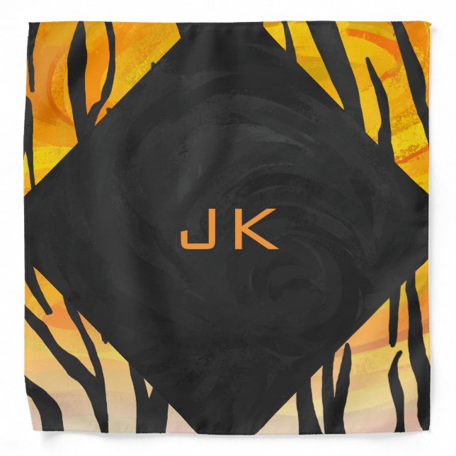 Monogram Tiger Black and Orange Print Pattern Bandana (Front)