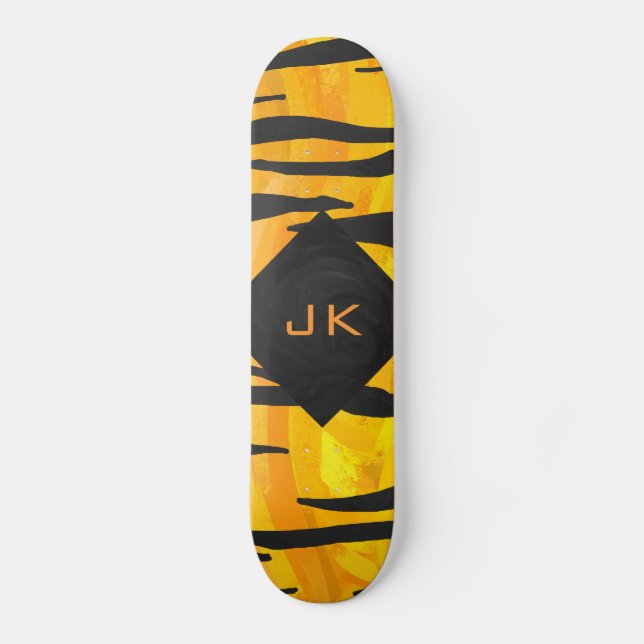 Monogram Tiger Black and Orange Print Pattern Skateboard (Front)