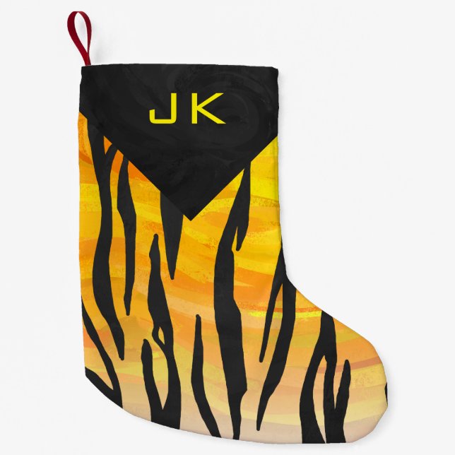 Monogram Tiger Black and Orange Print Pattern Small Christmas Stocking (Front)