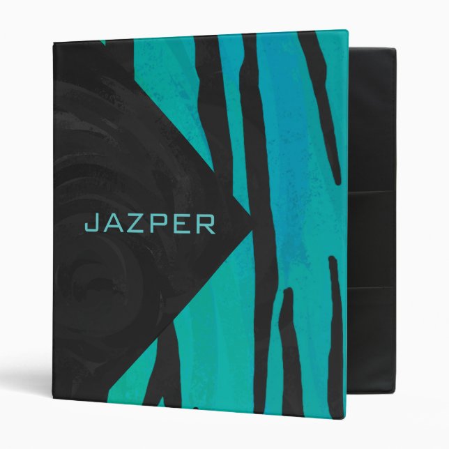 Monogram Tiger Black and Teal Print Pattern 3 Ring Binder (Front/Inside)