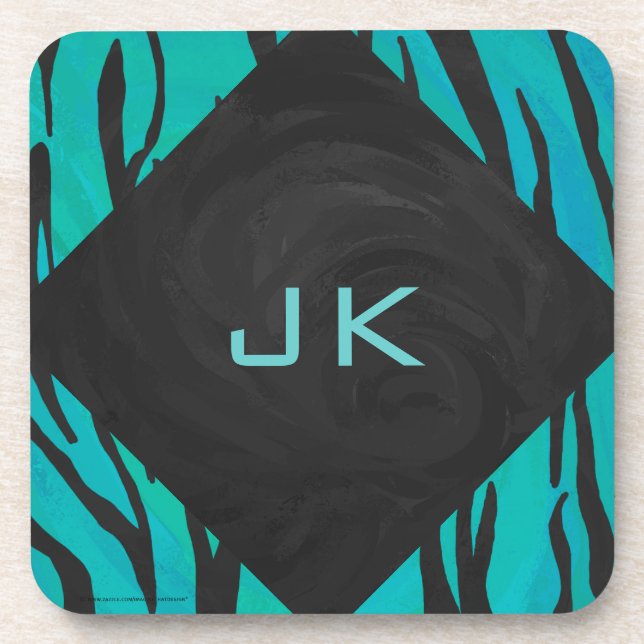 Monogram Tiger Black and Teal Print Pattern Beverage Coaster (Front)