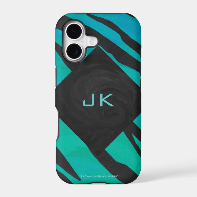 Monogram Tiger Black and Teal Print Pattern Iphone Case (Back)