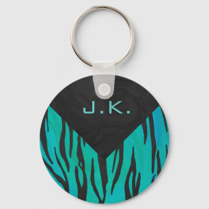 Monogram Tiger Black and Teal Print Pattern Keychain