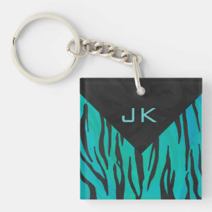 Monogram Tiger Black and Teal Print Pattern Keychain