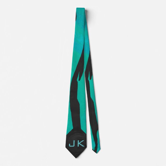Monogram Tiger Black and Teal Print Pattern Neck Tie (Front)