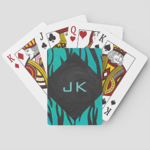 Monogram Tiger Black and Teal Print Pattern Poker Cards