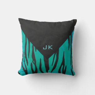 Monogram Tiger Black and Teal Print Pattern Throw Pillow