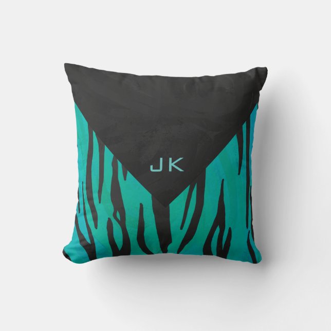 Monogram Tiger Black and Teal Print Pattern Throw Pillow (Front)