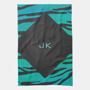 Monogram Tiger Black and Teal Print Pattern Towel