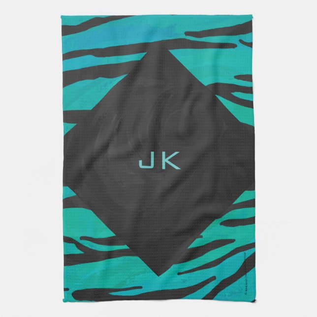 Monogram Tiger Black and Teal Print Pattern Towel (Vertical)