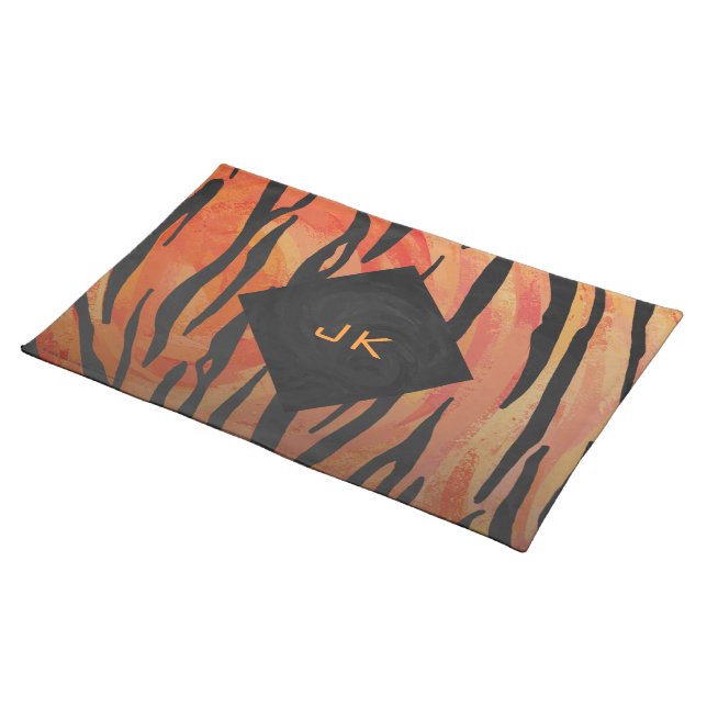 Monogram Tiger Hot Orange and Black Print Pattern Cloth Placemat (On Table)