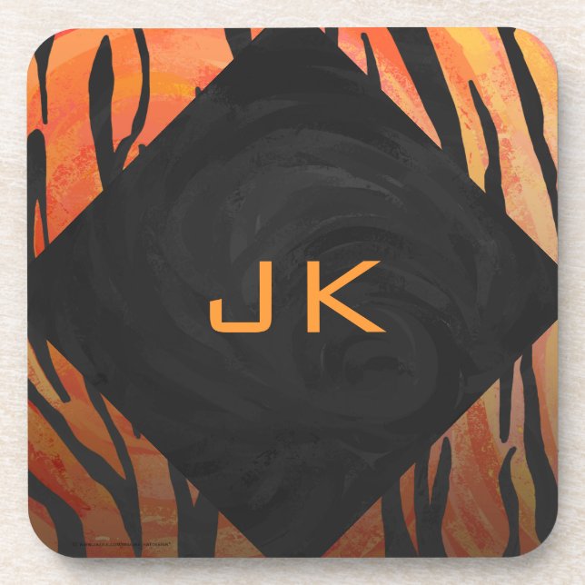 Monogram Tiger Hot Orange and Black Print Pattern Drink Coaster (Front)
