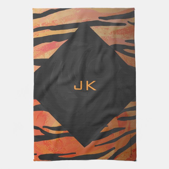Monogram Tiger Hot Orange and Black Print Pattern Kitchen Towel (Vertical)