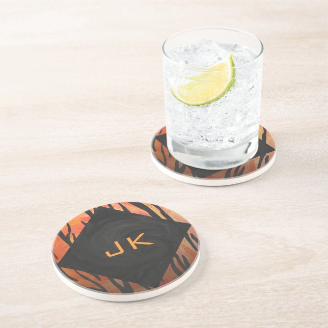 Monogram Tiger Hot Orange and Black Print Pattern Sandstone Coaster (Side)