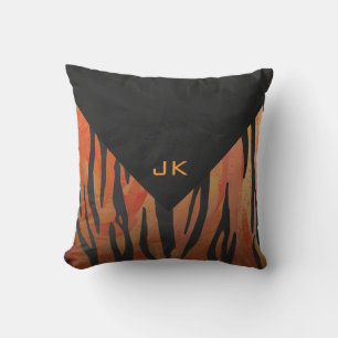 Monogram Tiger Hot Orange and Black Print Pattern Throw Pillow