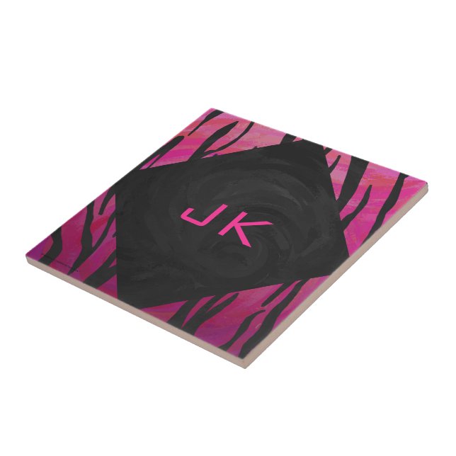 Monogram Tiger Hot Pink and Black Print Pattern Ceramic Tile (Side)