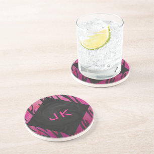 Monogram Tiger Hot Pink and Black Print Pattern Drink Coaster
