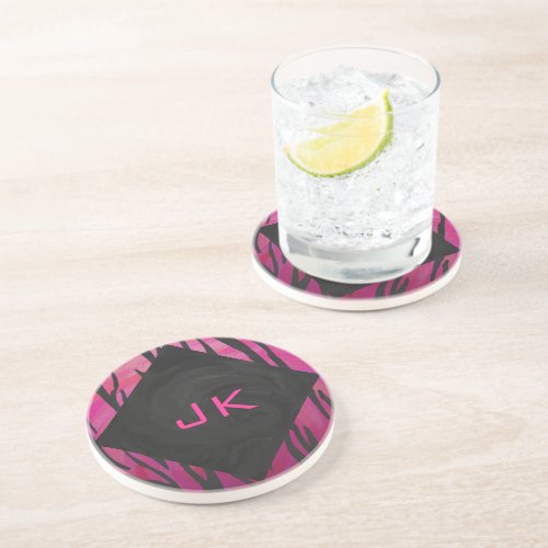 Monogram Tiger Hot Pink and Black Print Pattern Drink Coaster