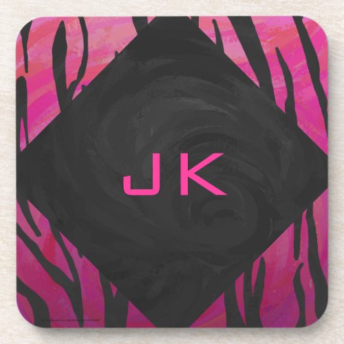 Monogram Tiger Hot Pink and Black Print Pattern Drink Coaster