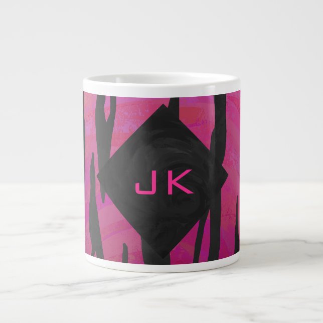 Monogram Tiger Hot Pink and Black Print Pattern Large Coffee Mug (Front)