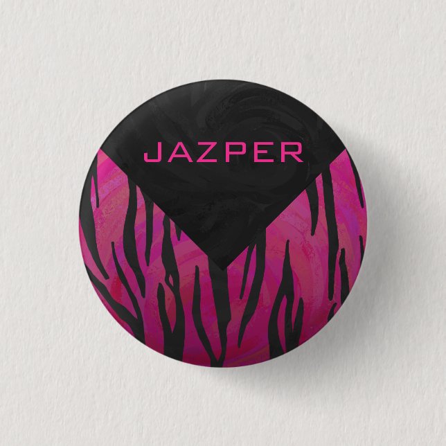 Monogram Tiger Hot Pink and Black Print Pattern Pinback Button (Front)