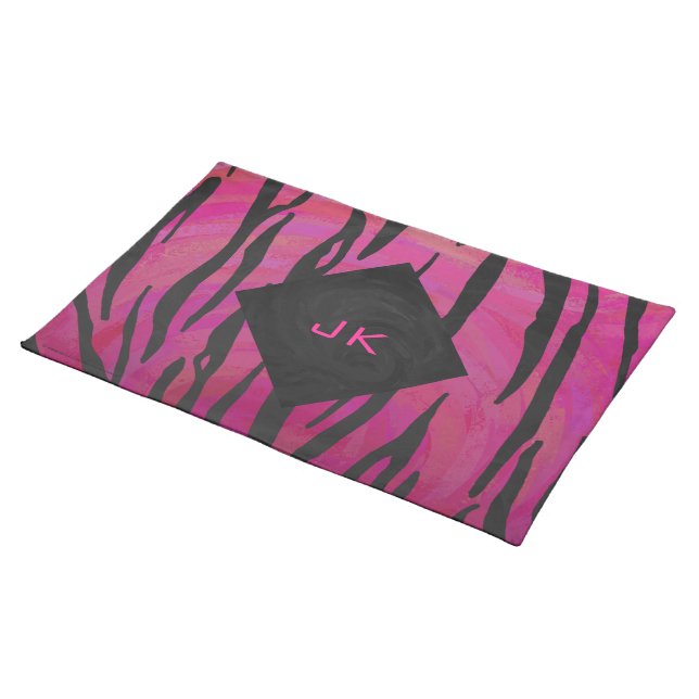 Monogram Tiger Hot Pink and Black Print Pattern Placemat (On Table)