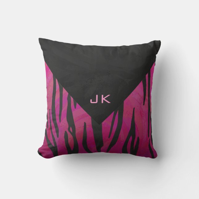 Monogram Tiger Hot Pink and Black Print Pattern Throw Pillow (Front)