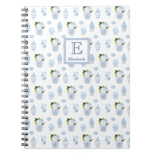 Monogram Timeless Blue  White Ginger Jar Floral Notebook