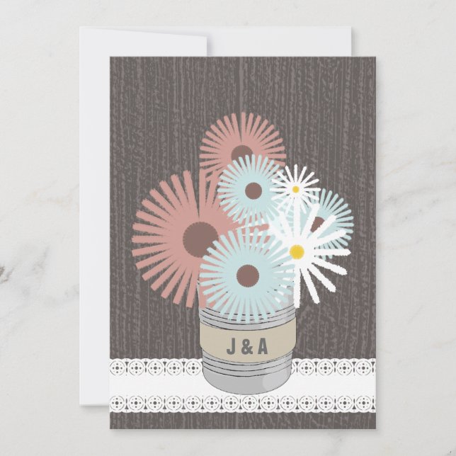 Monogram Tin Can Peach & Blue Daisies Invitation (Front)