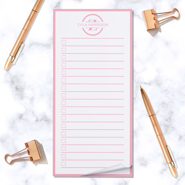 Monogram To Do List Feminine Pink Name Magnetic Notepad (To do list notepad with pink border and monogram)