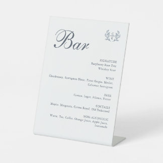 Monogram Toile Blue Crest Wedding Bar Drinks Pedestal Sign