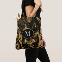 Monogram Tote Bag Gold Glitter On Black Background