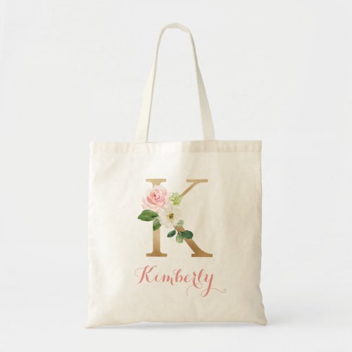 Monogram Tote Bag Letter K Floral Gold Blush