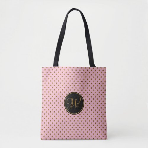 Monogram Tote Bags  Rose Gold Glitter Polka Dots