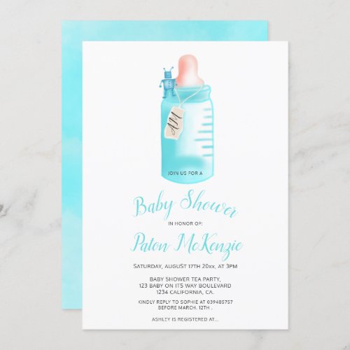 Monogram toy bottle watercolor boy baby shower invitation