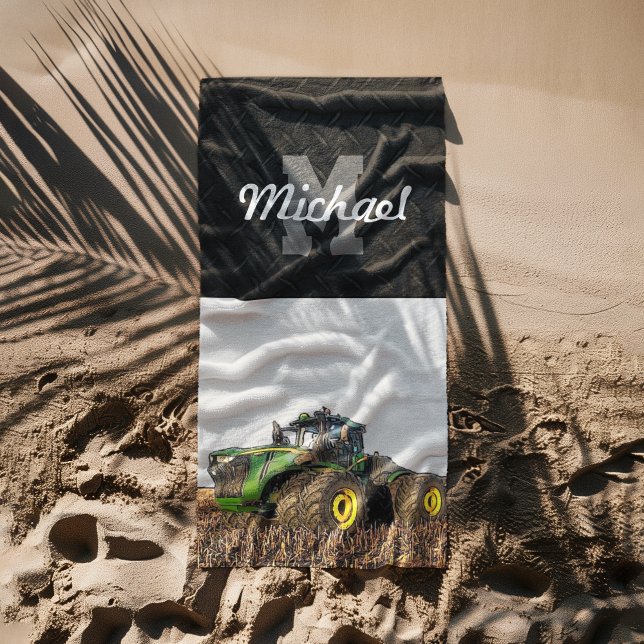 Monogram Tractor Farming Tillage Men Equipment Beach Towel (Tractor fun vacation monogram beach towel gifts equipment for farmers)