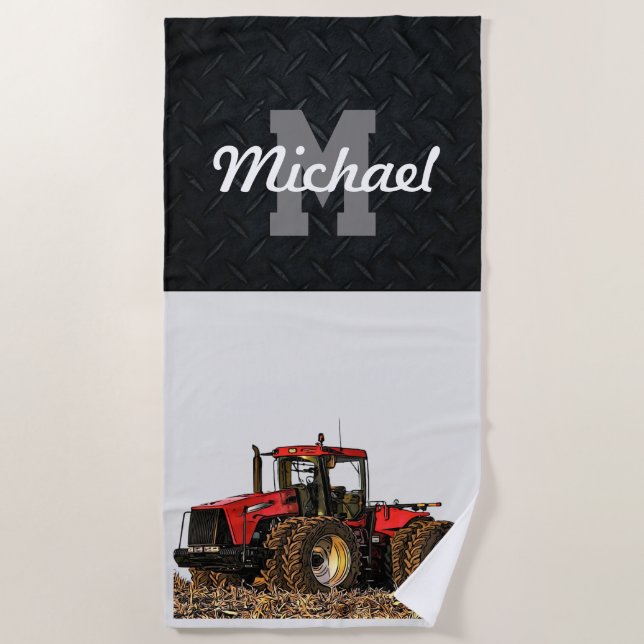 Monogram Tractor Farming Tillage Men Equipment Beach Towel (Front)