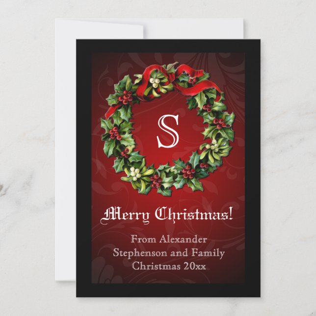 Monogram Traditional Red Christmas Wreath Invitation (Front)