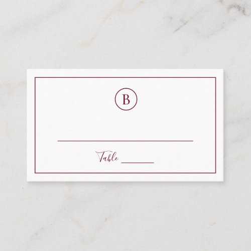 Monogram Traditional Simple Burgundy Wedding Place Card