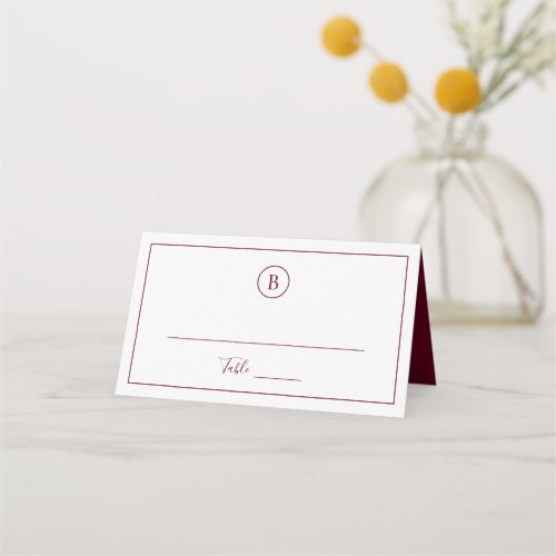 Monogram Traditional Simple Burgundy Wedding Place Card